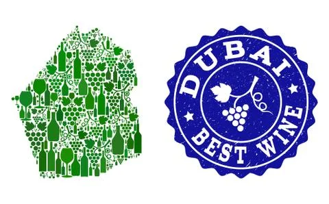 Collage of Grape Wine Map of Dubai Emirate and Best Wine Grunge Seal Stock Illustration