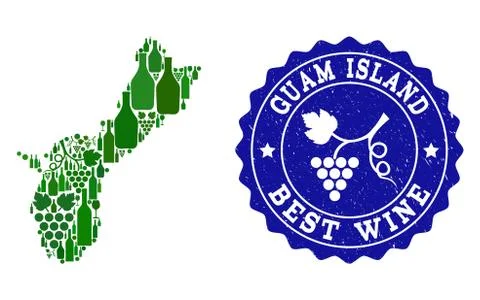 Collage of Grape Wine Map of Guam Island and Best Wine Grunge Seal Stock Illustration