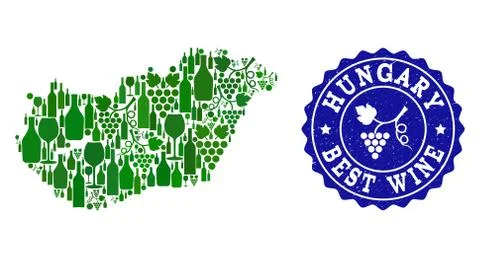 Collage of Grape Wine Map of Hungary and Best Wine Grunge Watermark Stock Illustration