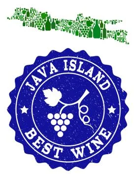 Collage of Grape Wine Map of Java Island and Best Wine Grunge Stamp Stock-Illustration