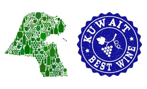 Collage of Grape Wine Map of Kuwait and Best Wine Grunge Watermark Illustrazione stock
