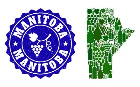 Collage of Grape Wine Map of Manitoba Province and Grape Grunge Stamp 스톡 일러스트