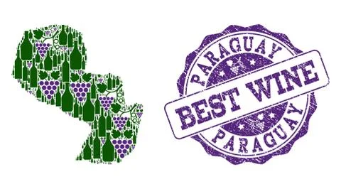 Collage of Grape Wine Map of Paraguay and Best Wine Stamp イラスト素材