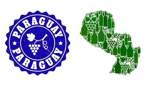 Collage of Grape Wine Map of Paraguay and Grape Grunge Stamp Stock Illustration