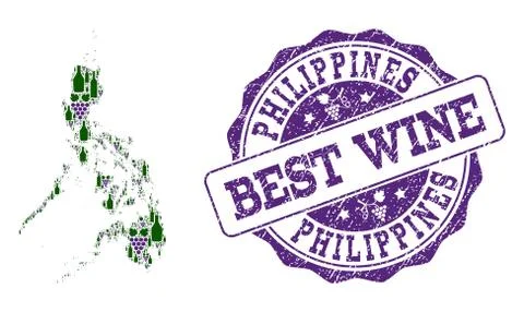 Collage of Grape Wine Map of Philippines and Best Wine Stamp Illustrazione stock