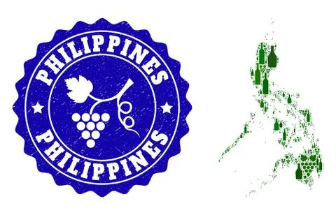 Collage of Grape Wine Map of Philippines and Grape Grunge Stamp Stock Illustration