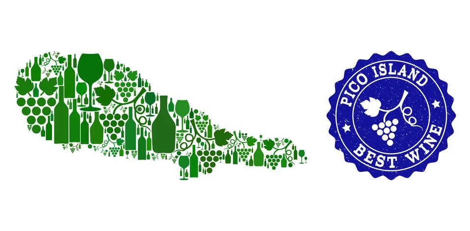 Collage of Grape Wine Map of Pico Island and Best Wine Grunge Watermark Ilustración de archivo