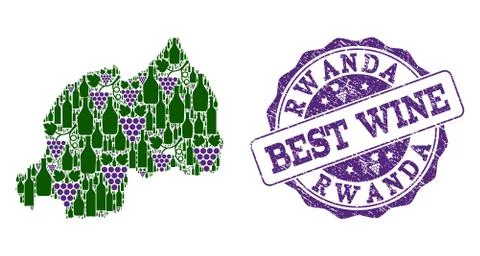 Collage of Grape Wine Map of Rwanda and Best Wine Stamp 스톡 일러스트