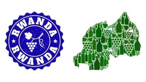 Collage of Grape Wine Map of Rwanda and Grape Grunge Stamp 스톡 일러스트