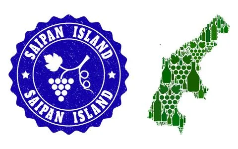 Collage of Grape Wine Map of Saipan Island and Grape Grunge Stamp Stock Illustration