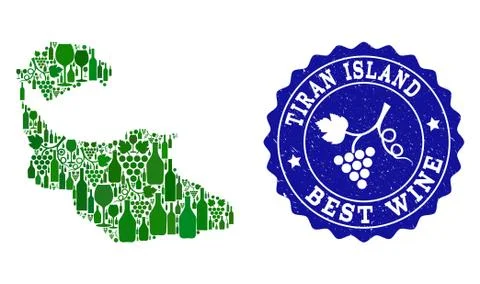 Collage of Grape Wine Map of Tiran Island and Best Wine Grunge Seal Stock-Illustration