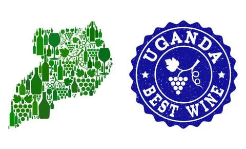 Collage of Grape Wine Map of Uganda and Best Wine Grunge Seal Stock Illustration