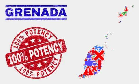 Collage of Grenada Map Sign Mosaic and Scratched 100% Potency Stamp イラスト素材