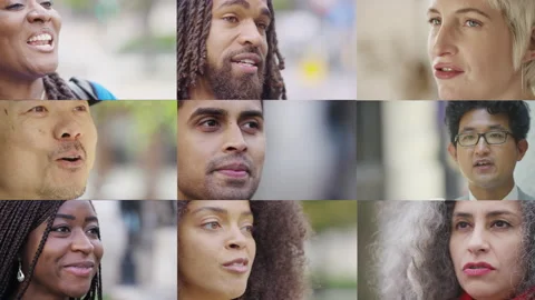 Collage of a group of people interviewed or in conversation talking to someone o 스톡 동영상 197672634