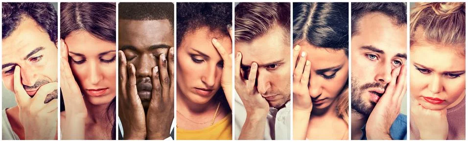 Collage group of sad depressed people. Unhappy men women Stock Photos