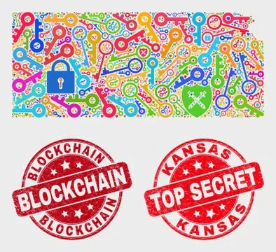 Collage of Guard Kansas State Map and Scratched Blockchain Watermark 스톡 일러스트