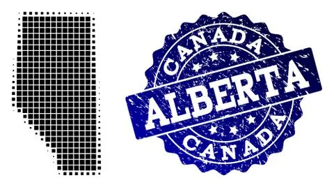 Collage of Halftone Dotted Map of Alberta Province and Grunge Stamp Watermark Illustrazione stock