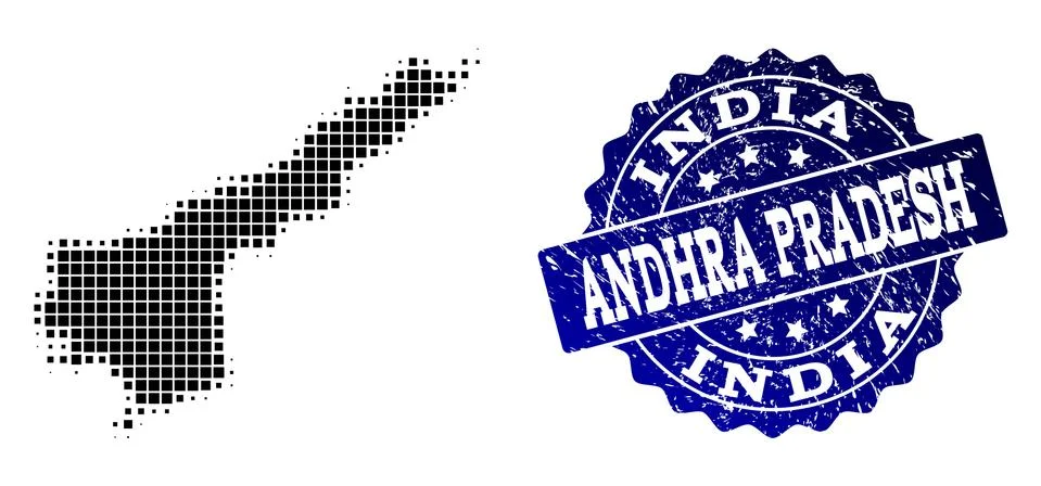 Collage of Halftone Dotted Map of Andhra Pradesh State and Grunge Stamp Stock Illustration
