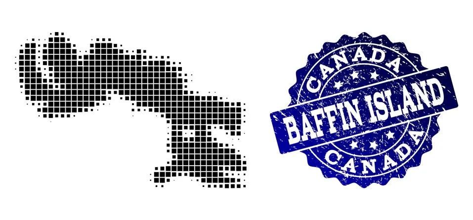 Collage of Halftone Dotted Map of Baffin Island and Grunge Stamp Watermark Stock Illustration