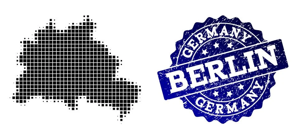 Collage of Halftone Dotted Map of Berlin City and Grunge Stamp Watermark Stock Illustration