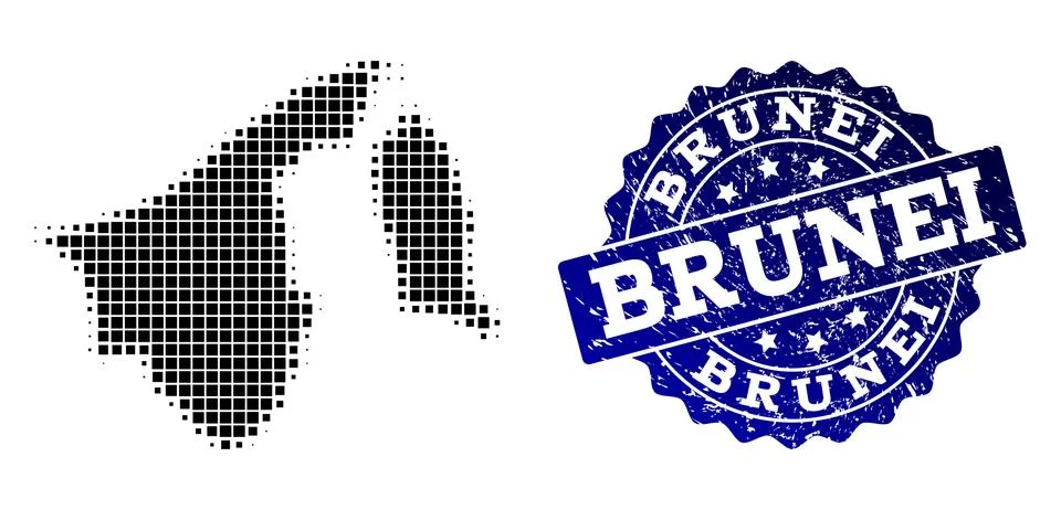 Collage of Halftone Dotted Map of Brunei and Grunge Stamp Watermark Stock Illustration