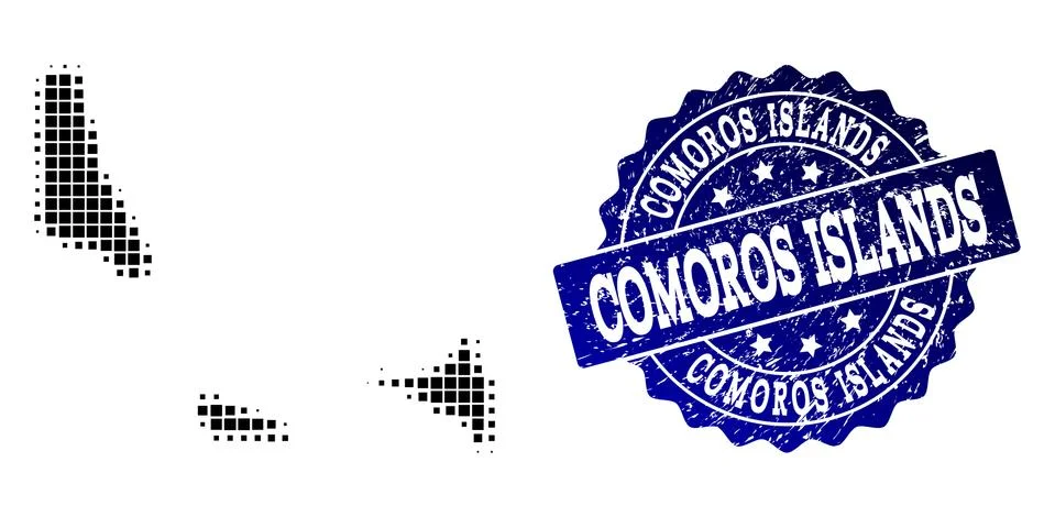 Collage of Halftone Dotted Map of Comoros Islands and Grunge Stamp Watermark Stock Illustration