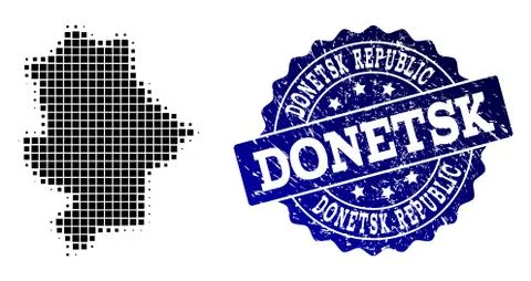 Collage of Halftone Dotted Map of Donetsk Republic and Grunge Stamp Watermark Stock Illustration