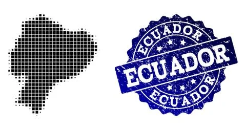 Collage of Halftone Dotted Map of Ecuador and Grunge Stamp Watermark 스톡 일러스트