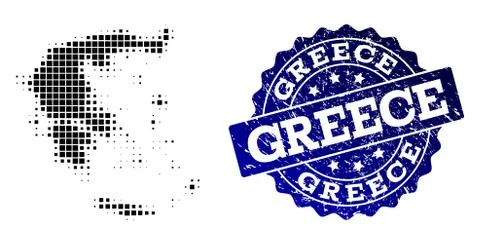 Collage of Halftone Dotted Map of Greece and Grunge Stamp Watermark 스톡 일러스트