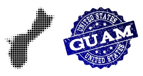 Collage of Halftone Dotted Map of Guam Island and Grunge Stamp Watermark Stock Illustration