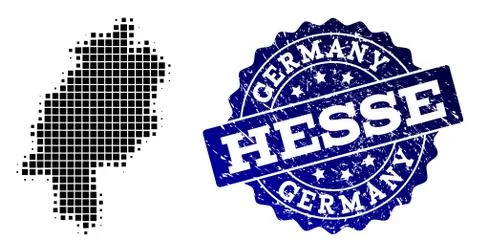 Collage of Halftone Dotted Map of Hesse State and Grunge Stamp Watermark Stock Illustration