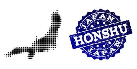 Collage of Halftone Dotted Map of Honshu Island and Grunge Stamp Watermark Stock Illustration