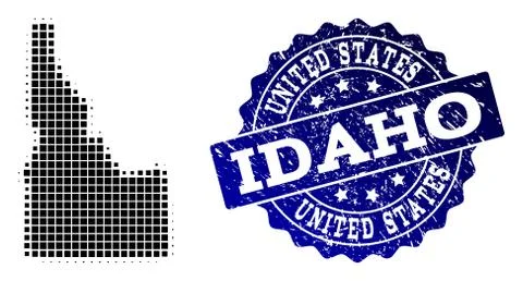 Collage of Halftone Dotted Map of Idaho State and Grunge Stamp Watermark 스톡 일러스트
