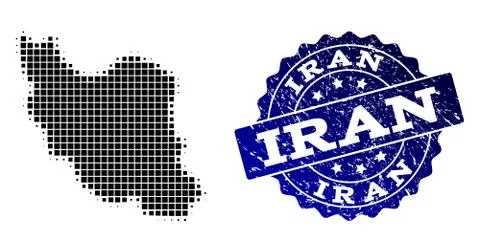 Collage of Halftone Dotted Map of Iran and Grunge Stamp Watermark Stock Illustration
