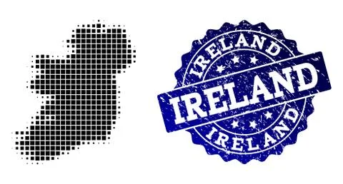 Collage of Halftone Dotted Map of Ireland Island and Grunge Stamp Watermark イラスト素材