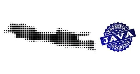 Collage of Halftone Dotted Map of Java Island and Grunge Stamp Watermark Stockillustratie