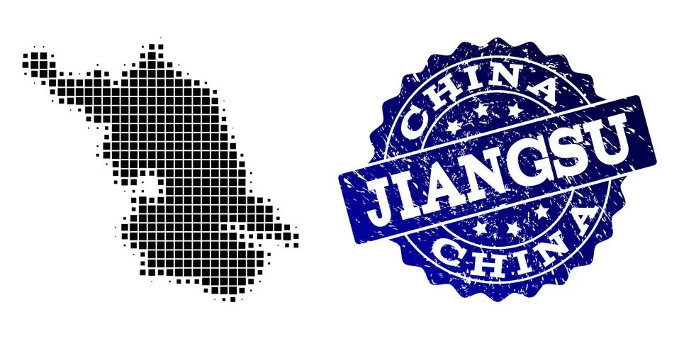 Collage of Halftone Dotted Map of Jiangsu Province and Grunge Stamp Watermark Illustrazione stock