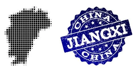 Collage of Halftone Dotted Map of Jiangxi Province and Grunge Stamp Watermark 스톡 일러스트