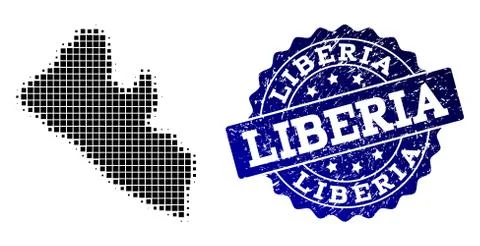 Collage of Halftone Dotted Map of Liberia and Grunge Stamp Watermark Stock Illustration