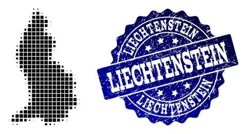 Collage of Halftone Dotted Map of Liechtenstein and Grunge Stamp Watermark Stock Illustration