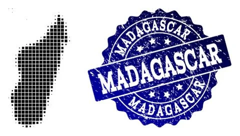 Collage of Halftone Dotted Map of Madagascar Island and Grunge Stamp Watermark Illustrazione stock