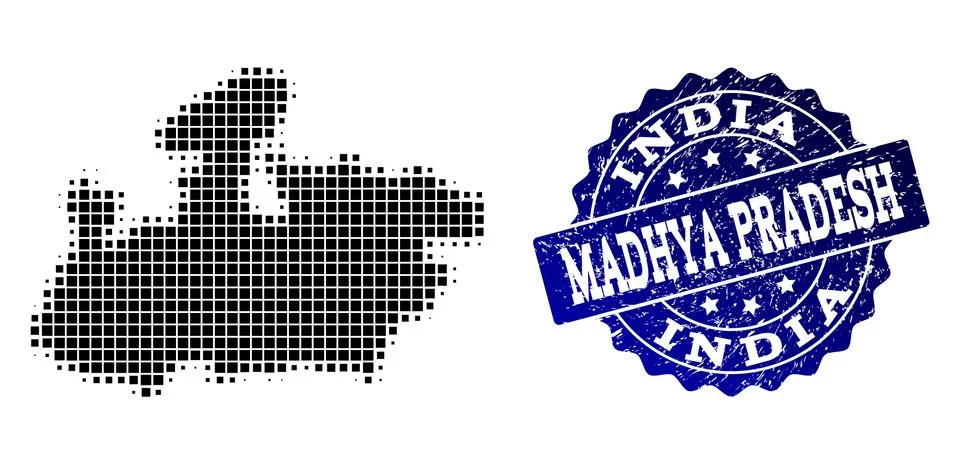 Collage of Halftone Dotted Map of Madhya Pradesh State and Grunge Stamp Stock Illustration