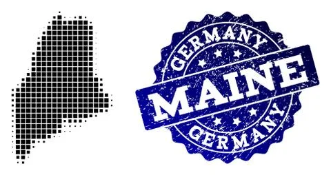 Collage of Halftone Dotted Map of Maine State and Grunge Stamp Watermark Stock Illustration