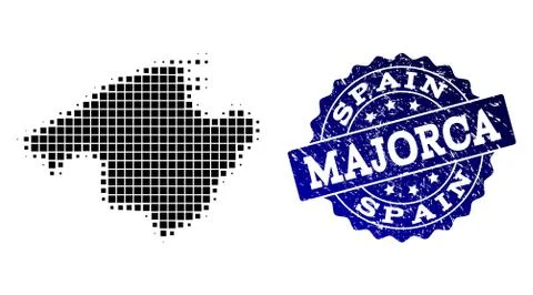 Collage of Halftone Dotted Map of Majorca and Grunge Stamp Watermark 스톡 일러스트