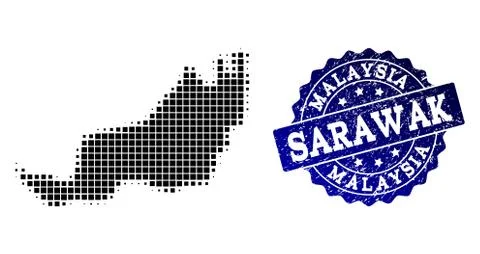 Collage of Halftone Dotted Map of Malaysian Sarawak and Grunge Stamp Watermark 스톡 일러스트
