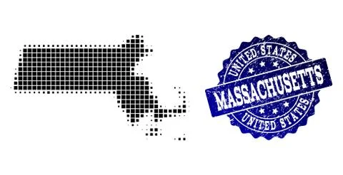 Collage of Halftone Dotted Map of Massachusetts State and Grunge Stamp Watermark Stock Illustration