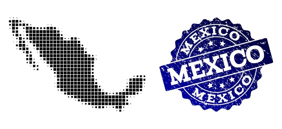 Collage of Halftone Dotted Map of Mexico and Grunge Stamp Watermark Stock Illustration