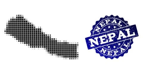 Collage of Halftone Dotted Map of Nepal and Grunge Stamp Watermark Illustrazione stock