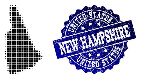 Collage of Halftone Dotted Map of New Hampshire State and Grunge Stamp Watermark Stock Illustration