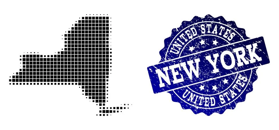 Collage of Halftone Dotted Map of New York State and Grunge Stamp Watermark Stock Illustration
